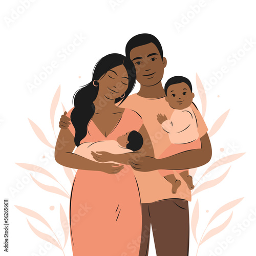 Family with two children. Happy dark skinned parentswith newborn. Breastfeeding and motherhood. Vector illustration.