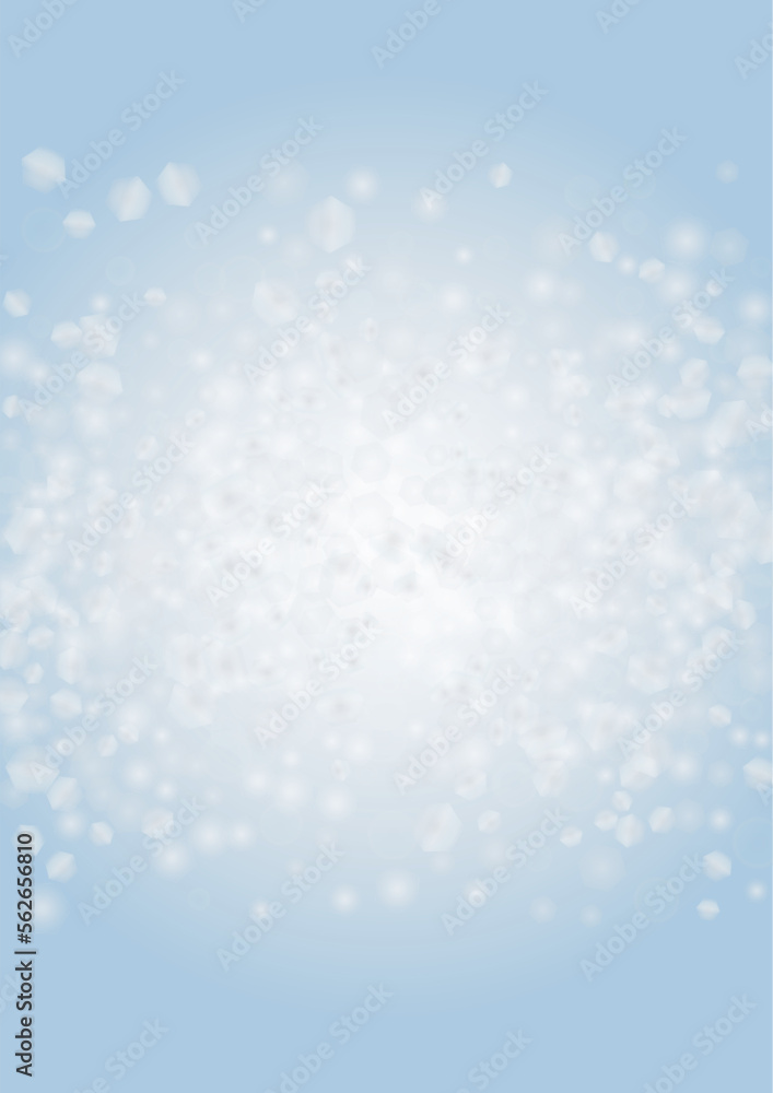 Vector Magical Glowing Background with Silver and Purple Falling Hexagon on Blue. Falling Snow. Glittery Confetti Frame. Christmas and New Year Design. Winter Sky with Bokeh Snowfall.