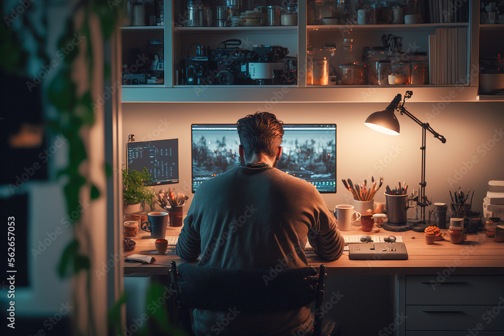 A man working from home, early morning, Generative AI A man working from home, early morning, Generative AI