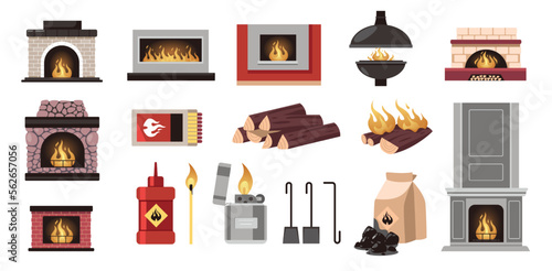 Indoor heating stove. Fireplaces with burning wood fire flame poker shovel fuel, cartoon bundle of hearths elements flat style cozy home interior. Vector set