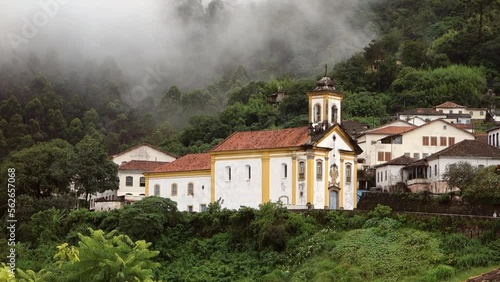 Nossa Senhora das Merces church in Ouro Preto, old mining town in Brazil. Timelapse photo