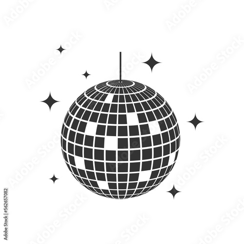 Glittering disco ball icon. Shining mirror sphere for nightclub party. Dance music event discoball. Mirrorball in 70s or 80s discotheque style isolated on white background photo