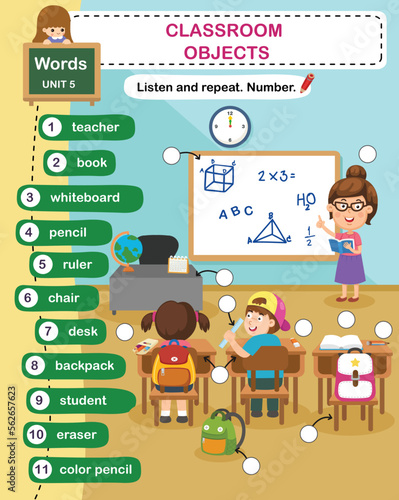 education vocabulary classroom objects vector illustration