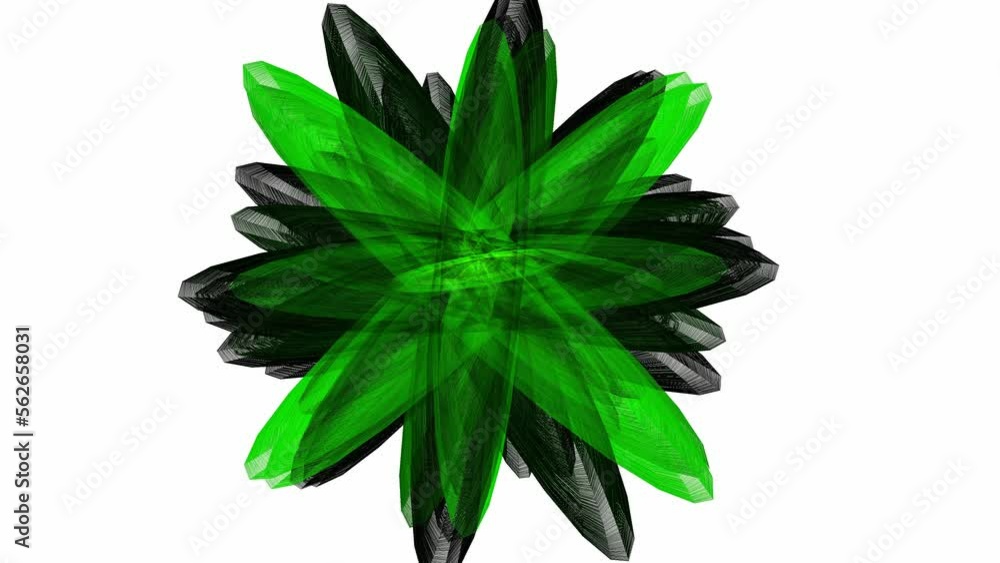 Abstract digital animation of evolving atom flower. Artificial intelligence concept of computer generated black and green geometric shapes on white background Abstract digital animation of evolving atom flower. Artificial intelligence concept of computer generated black and green geometric shapes on white background