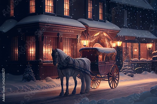 snow covered street and building, lights and horse, carriage made with generative ai, transport, vintage