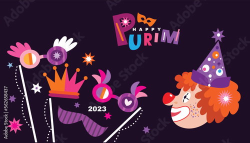 Purim - holiday  jewish carnival  Lettering in Hebrew  translition " Happy Purim" celebration banner Carnival mask, Hamantashen, confetti, clown, garland, hat, firework,  Purim Jewish festival concept