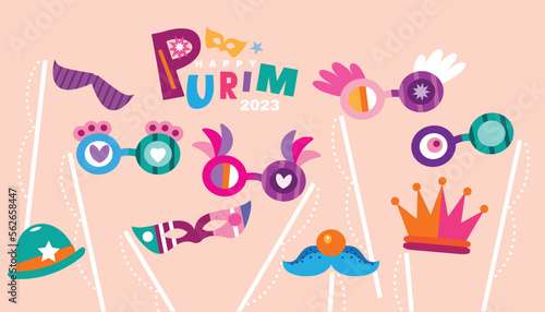 Purim - holiday  jewish carnival  Lettering in Hebrew  translition " Happy Purim" celebration banner Carnival mask, Hamantashen, confetti, clown, garland, hat, firework,  Purim Jewish festival concept