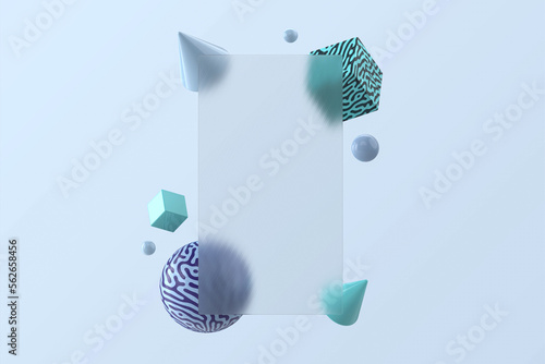 Abstract 3d illustration geometric decorative shapes with vecrtical glass frame in glass morphism style photo