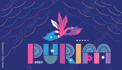 Purim - holiday  jewish carnival  Lettering in Hebrew  translition " Happy Purim" celebration banner Carnival mask, Hamantashen, confetti, clown, garland, hat, firework,  Purim Jewish festival concept