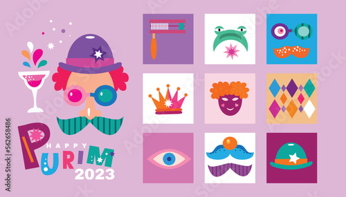 Purim - holiday  jewish carnival  Lettering in Hebrew  translition " Happy Purim" celebration banner Carnival mask, Hamantashen, confetti, clown, garland, hat, firework,  Purim Jewish festival concept