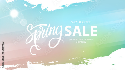 Spring Sale special offer banner. Springtime season background with brush strokes and hand lettering for business, seasonal shopping, sale promotion and advertising. Vector illustration.