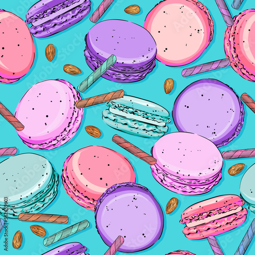 seamless vector pattern with macaron cookies. Sweets, snacks, cafe