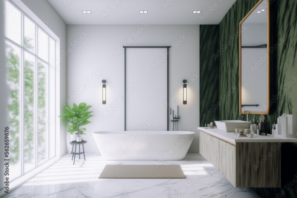 Modern bathroom interior design, Luxury yet minimalist clean, bright and hygienic spacious bathroom with shower, toilets, mirrors, bathtub and natural green plant in a hotel, apartment, or house. Modern bathroom interior design, Luxury yet minimalist clean, bright and hygienic spacious bathroom with shower, toilets, mirrors, bathtub and natural green plant in a hotel, apartment, or house.