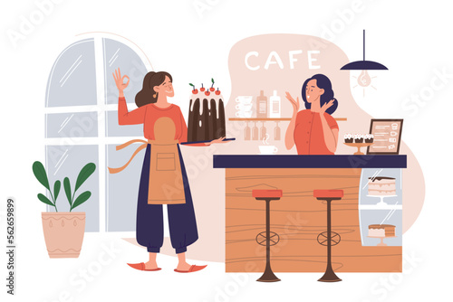 Confectioner, cook, cake, pastries. Girl confectioner demonstrates a cake. The barista girl admires the cake. Cafe, bar counter, kitchen. Concept. Vector image.