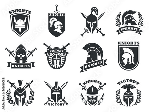 Knight helmet logo. Medieval ancient crusader viking soldier protective head armor with crossed swords shield for label emblem badge. Vector set