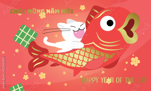 Cute cat holding a big red and golden carp fish. Lunar new year 2023 or vietnamese year of the cat. Tết Nguyên Đán greeting card.