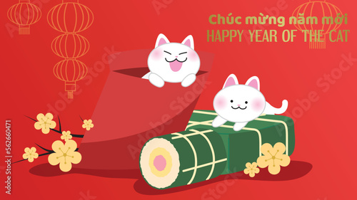 Year of the cat with banh chung and banh tet. Cute cat in a red envelope. Vietnamese new year 2023 greeting card with yellow apricot blossom. Tết Nguyên Đán banner illustration.