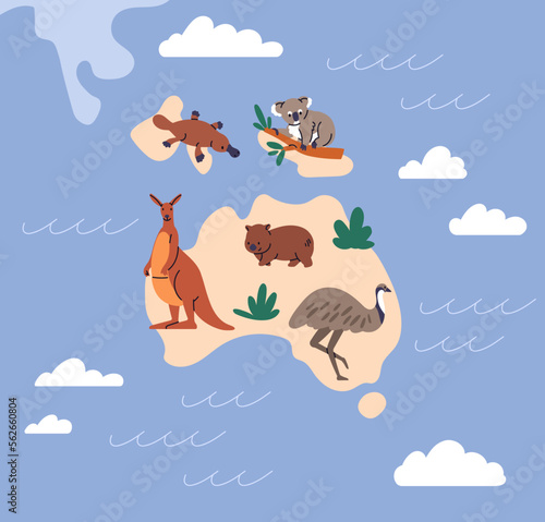 Australia map with wild Australian animals. Wildlife, fauna, mammals on South...