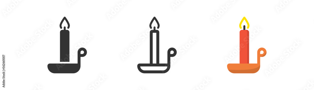 Old fashioned red lit candle icon. Night concept. Christmas, birtday symbol. Lack of electricity concept. Wax candle with shadows on stand. Outline, flat, and colored style. Simple flat design. Old fashioned red lit candle icon. Night concept. Christmas, birtday symbol. Lack of electricity concept. Wax candle with shadows on stand. Outline, flat, and colored style. Simple flat design.