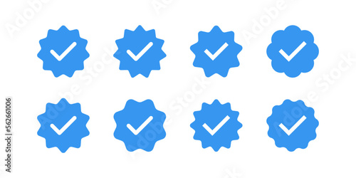 Blue tick icon on light background.  Chek mark, approved profile sign. Verified account concept. Social network. Verify, confirm, done sticker symbol. Flat colored style.