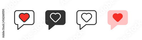 Heart in speach bubble icon. Love symbol. St Valentine's day concept. Pink, red hearts in sms notification. Love letter. Outline, flat, and colored style. Flat design.