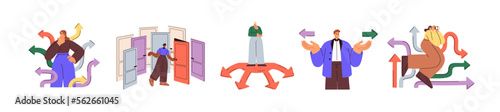 Choosing from multiple directions, solutions. Characters making choices, decisions, life path. Different options, opportunities concept. Flat graphic vector illustration isolated on white background