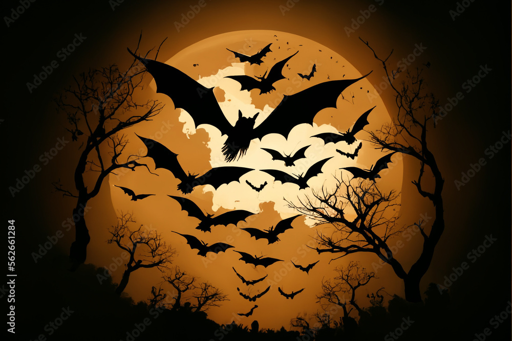 A flock of bats against the backdrop of the full moon. AI generated