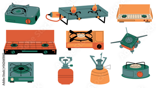 Camping stoves. Cartoon portable tourism gas burners, outdoor propane hob furnaces, camp picnic cooking equipment with open fire. Vector isolated set