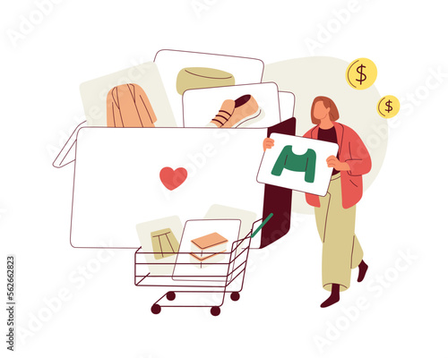 Shopping wish list concept. Customer adding favorite goods to online cart, trolley, making purchases buying during sale. Buyer and wishlist. Flat vector illustration isolated on white background