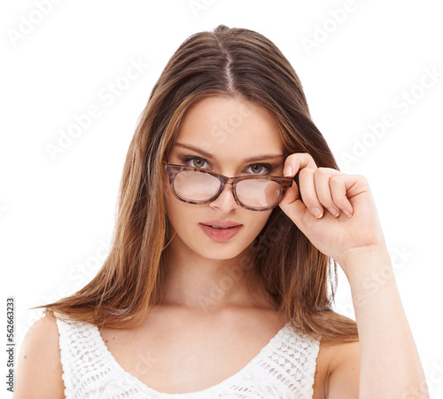 Woman, glasses and standing isolated on a white background for flirt, beauty or sensual face. Portrait of a beautiful young female or person peeping with spectacles against a white studio background