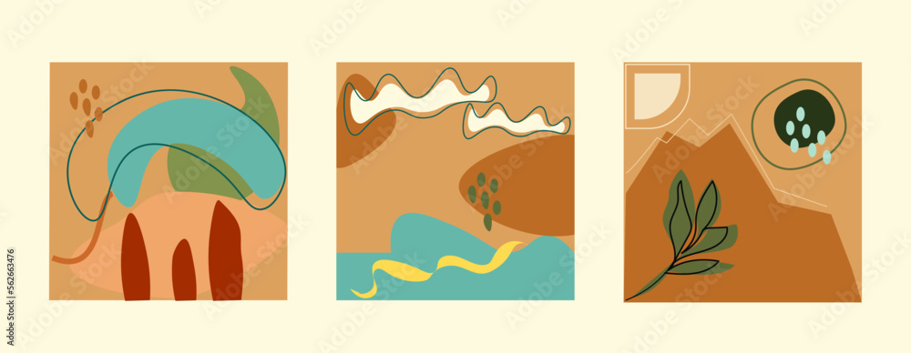 Set of three abstract nature background with various different hand drawn shapes and geometry Set of three abstract nature background with various different hand drawn shapes and geometry