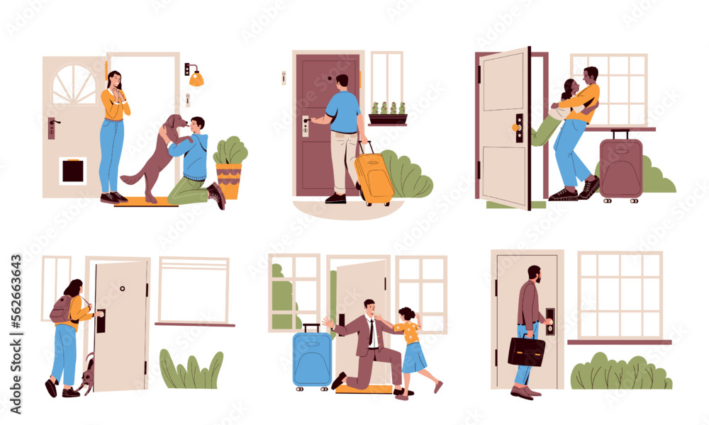 People return home. Cartoon characters returning to apartment, man woman come to residence after work trip study school walking flat style. Vector set People return home. Cartoon characters returning to apartment, man woman come to residence after work trip study school walking flat style. Vector set
