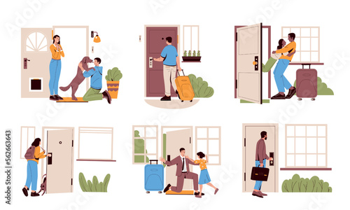 People return home. Cartoon characters returning to apartment, man woman come to residence after work trip study school walking flat style. Vector set © Tartila