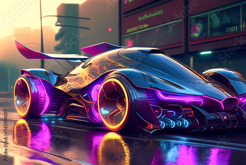 A car with neon lighting in the cyberpunk style. © Stella