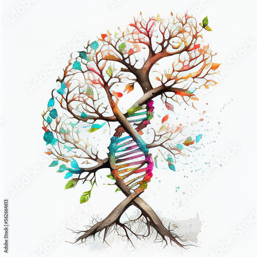 Phylogenetic Tree Illustration, Virus genetic change, mutant, Mutations, DNA, RNA Strands, image for science Presentation designs. AI art generated photo