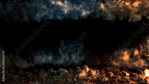Square frame for content of burning smoke with fire and sparks - abstract 3D rendering