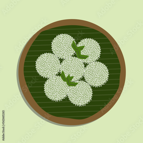 Food illustration, Klepon is a traditional snack from Indonesian. Klepon is a boiled rice cake stuffed with liquid palm sugar (gula jawa) and coated in flaked coconut for poster design