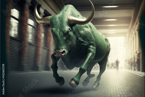 Nervous green stock market bull running up a street
