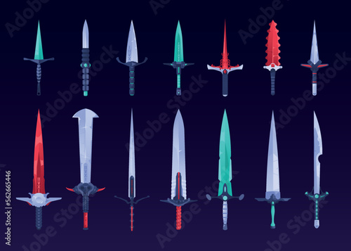 Game swords. Fantasy daggers battle broadsword for 3d gaming assets, magic steel blades characteristics for playing actions. Vector isolated set