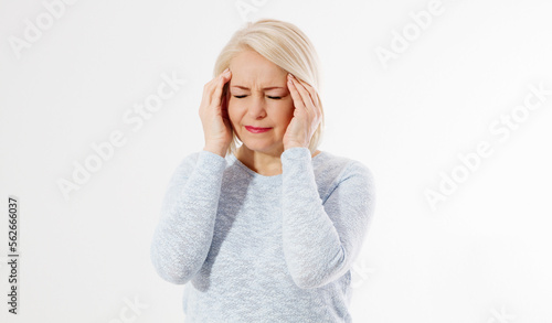 Banner Women Hormonal Headaches. Closeup Middle aged woman with Menopause migraines isolated on white background. Copy space. Strong and hard female pain. Depression and stress health problem.