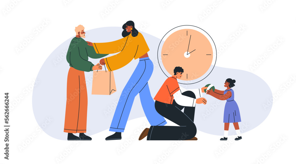 Donation, charity concept. Volunteers donating, giving gift for senior, elderly people and children, kids. Charitable help, support, philanthropy. Flat vector illustration isolated on white background - obrazy, fototapety, plakaty 