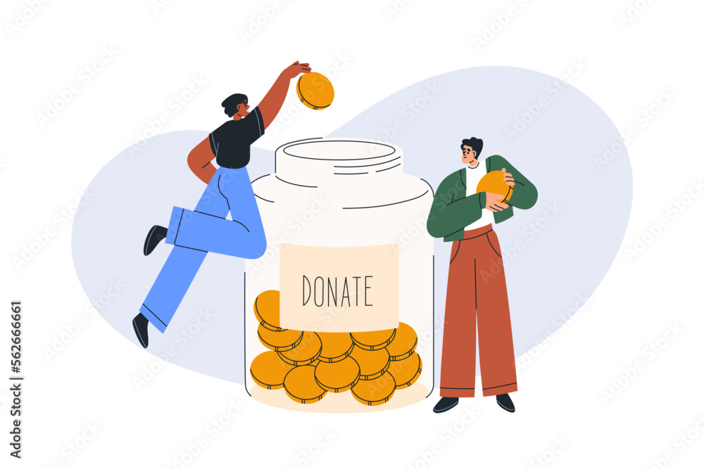 Financial donation, charity concept. Donating finance, money to voluntary nonprofit fund. Charitable help, support, contribution, philanthropy. Flat vector illustration isolated on white background - obrazy, fototapety, plakaty 