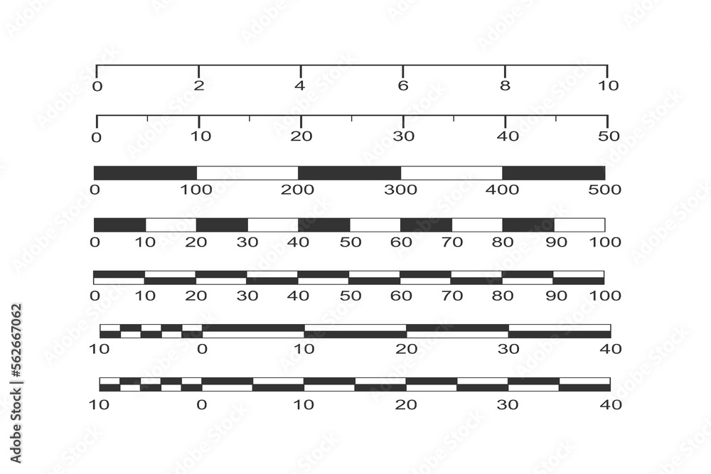 Set of line and bar scales of map. Distance measurement chart templates for navigation, travel. Cartography graphic elements isolated on white background