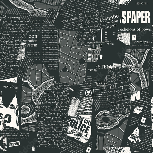 Seamless pattern with collage of newspaper or magazine and map clippings. Retro style vector background with titles, illustrations and imitation text. Suitable for wallpaper design, wrapping paper