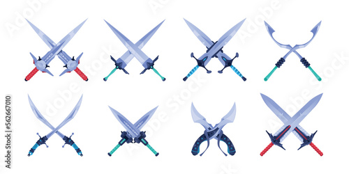 Crossed swords. Metal fantasy medieval knight sharp blades cartoon style, cross of two old broadsword weapon for rpg sprite game asset. Vector set