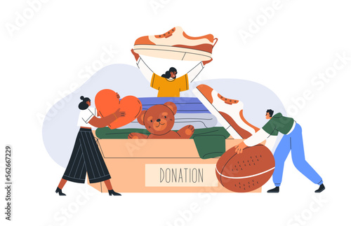 Childrens toys, clothes donation, charity concept. Volunteers collecting, donating necessities box for orphans, supporting orphanage, needy kids. Flat vector illustration isolated on white background