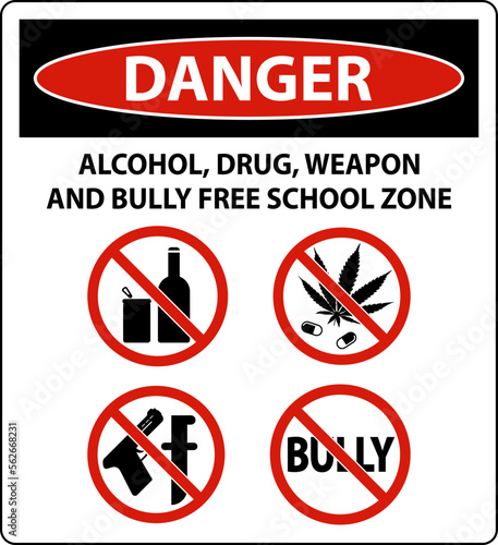 School Security Sign Danger  Alcohol  Drug  Weapon And Bully Free School Zone