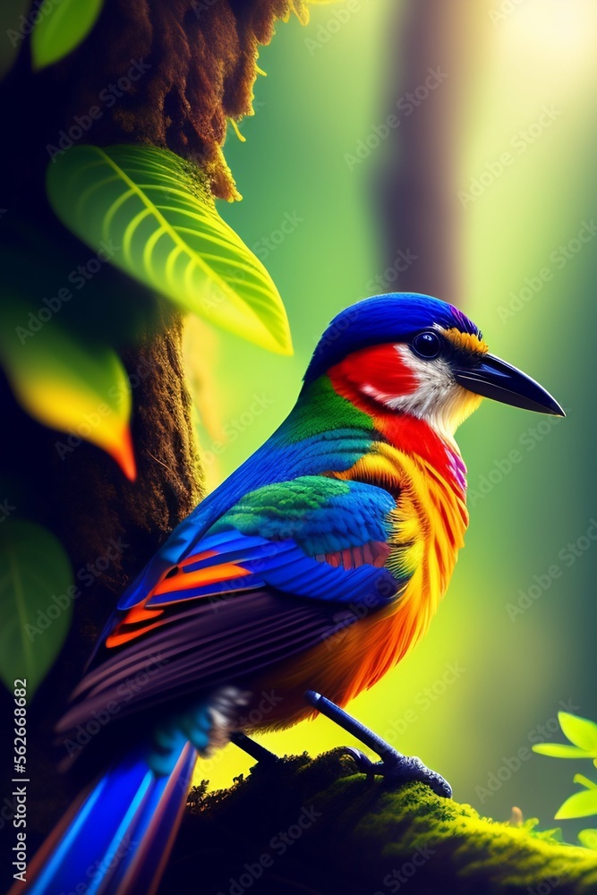 Fototapeta premium Fabulous bird on a branch in the forest, created with Generative AI technology