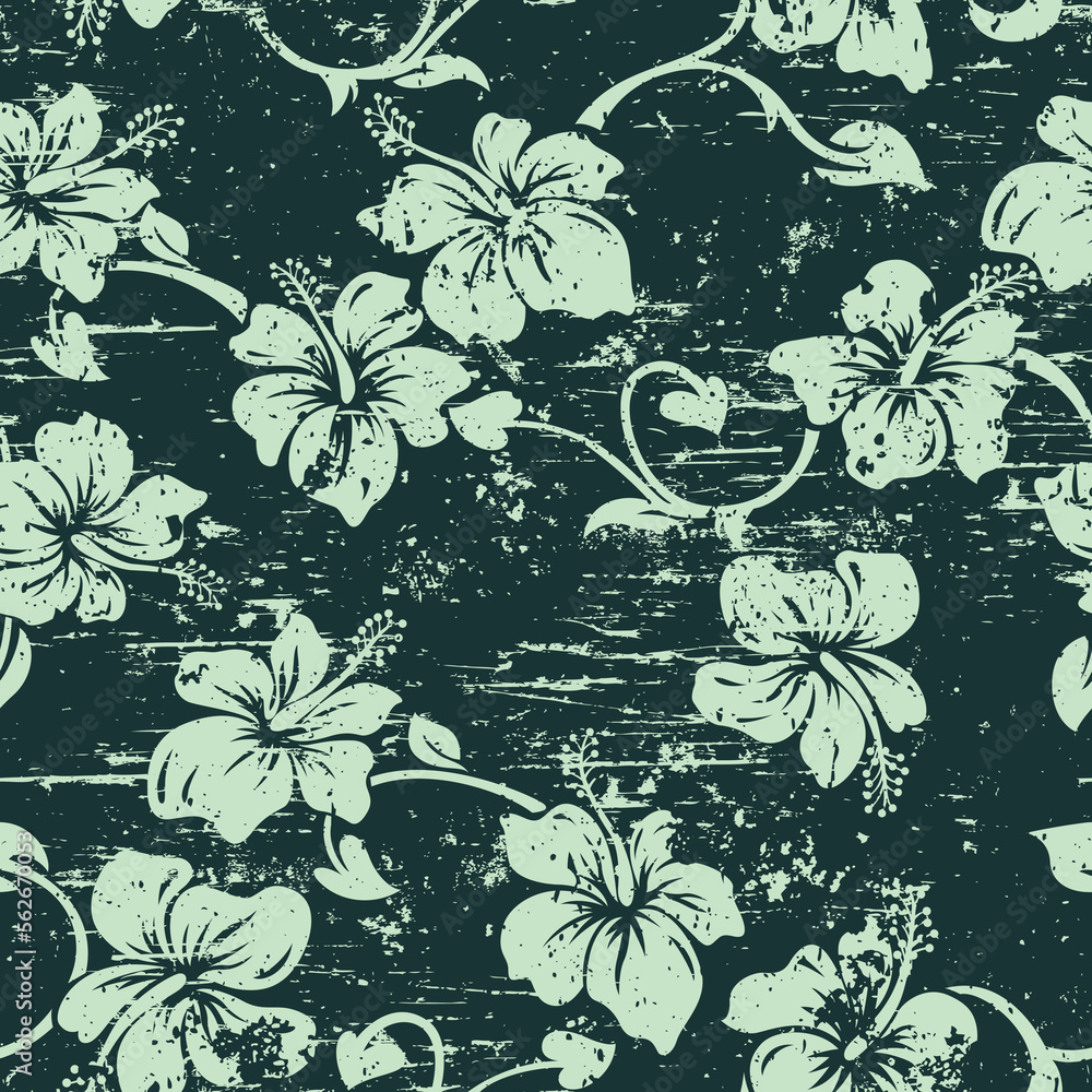 Hawaiian style hibiscus flowers wallpaper grunge vector floral seamless pattern