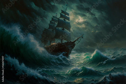 Sailing ship amidst stormy waters created with Generative AI